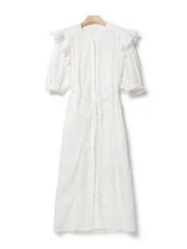 Женское платье Миди 2023, Новое летнее плиссированное кружевное шитье, выдалбливают оборки, Тонкие милые халаты на шнуровке