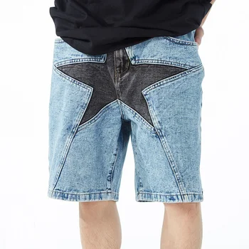 Летние джинсовые шорты Мужские в стиле хип-хоп, лоскутное шитье, негабаритные джинсы с вышивкой в стиле Ретро, расшитые звездами, свободные