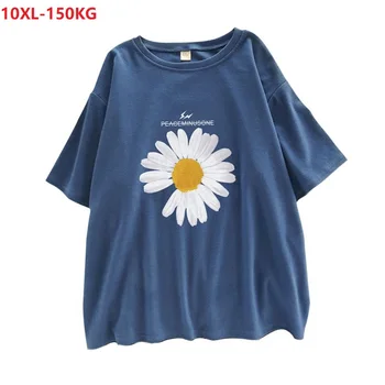 летние футболки больших размеров для женщин с коротким рукавом oversize 6XL, футболки с цветочным принтом, свободные топы, хлопковая простая мягкая тонкая футболка 150 КГ