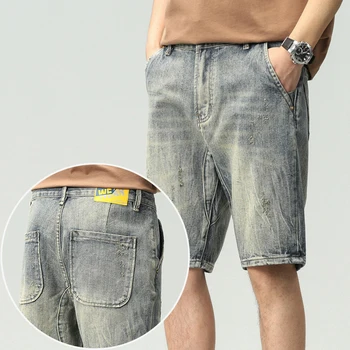 Прямые короткие джинсы в стиле ретро Для мужчин, Тонкие 2023, Новые Повседневные Свободные Джинсовые шорты с потертостями и широкими штанинами, мужская уличная одежда