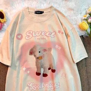 Хлопчатобумажная летняя футболка 2023 new lamb love heart с короткими рукавами, женские свободные японские ретро-милые топы ins y2k top harajuku